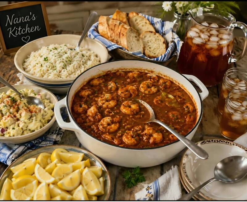 Nana's shrimp creole served with white rice, potato salad, crusty bread, lemon wedges, and iced tea