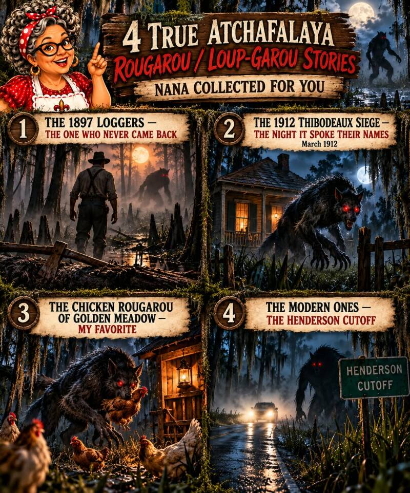 Four Rougarou legend stories from the Atchafalaya Basin including the 1897 loggers, 1912 Thibodeaux siege, Golden Meadow chickens, and Henderson Cutoff