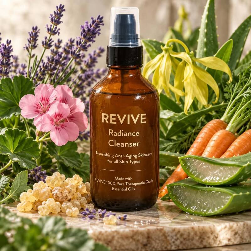 Revive Radiance Cleanser bottle with lavender, aloe vera, frankincense, and botanical ingredients