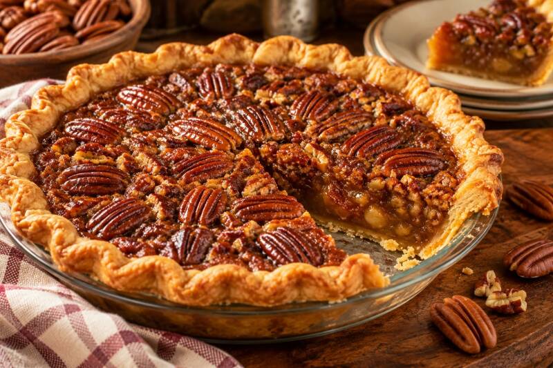 Close-up of sliced pecan pie showing gooey filling and pecan halves arranged on top