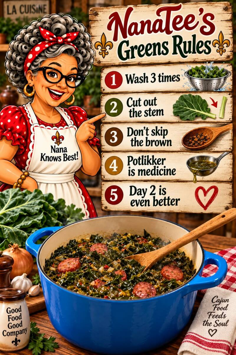 NanaTee's greens rules infographic covering washing, stemming, browning, potlikker, and day-2 flavor