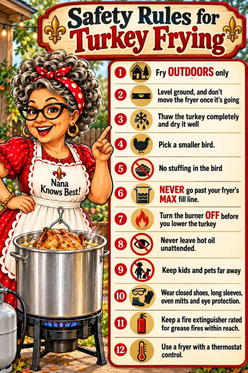 Turkey frying safety rules infographic covering outdoor setup, oil fill line, protective gear, and fire extinguisher
