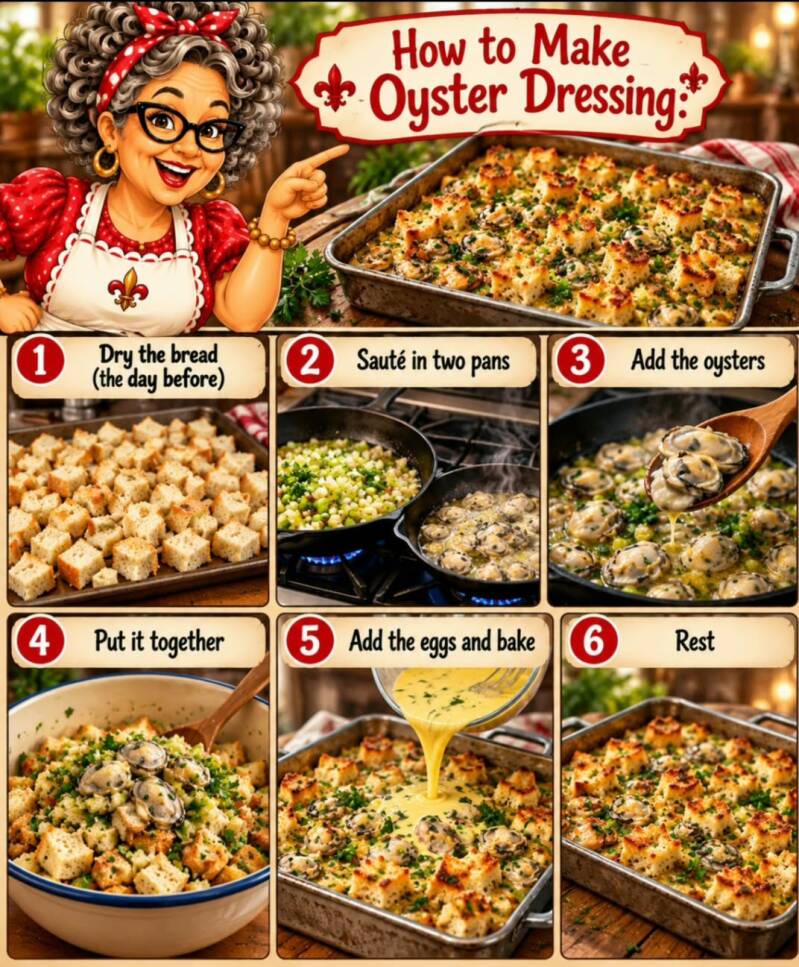 Step-by-step photo collage for making Cajun oyster dressing from drying bread to baking