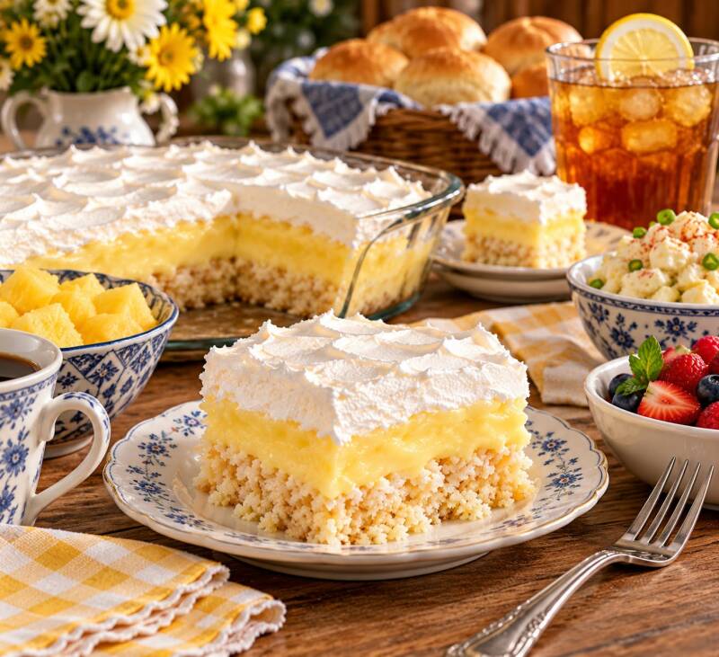 Church cake served with dinner rolls, sweet tea, fresh berries, and potato salad