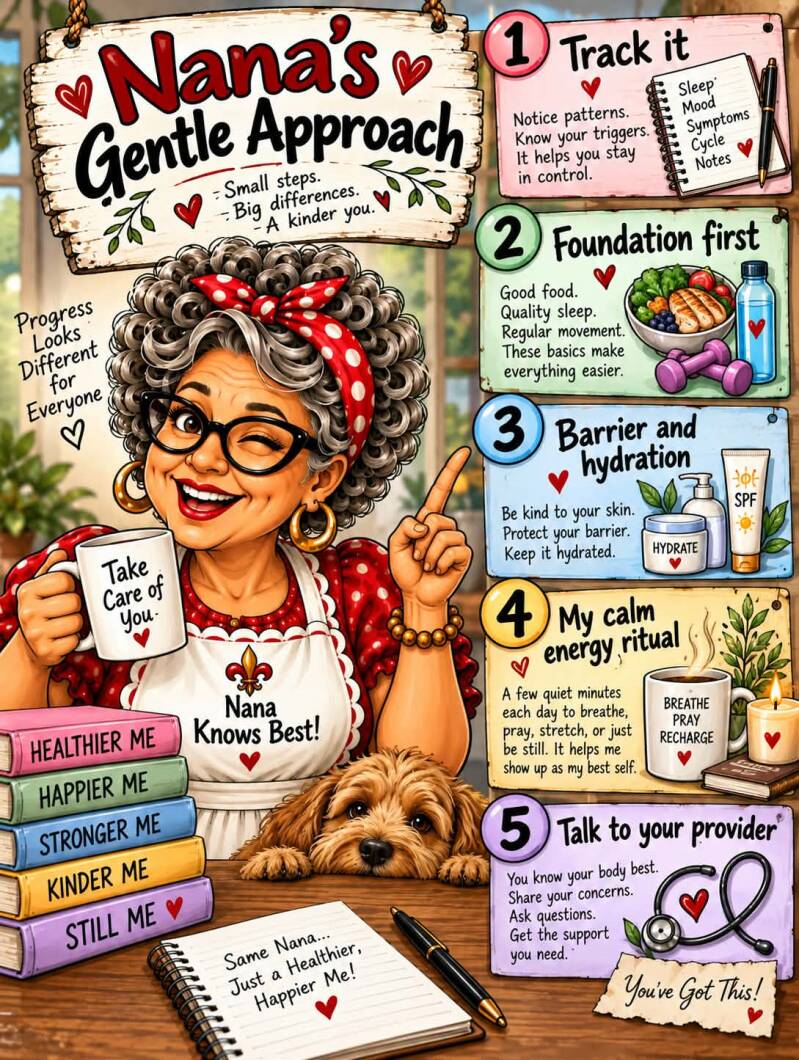 Nana's gentle approach to menopause infographic covering tracking symptoms, nutrition, skin care, calm rituals, and talking to your provider