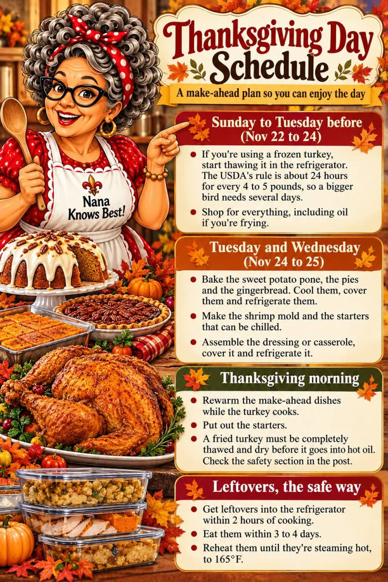 Thanksgiving Day make-ahead schedule infographic covering thawing, baking ahead, morning prep, and safe leftover storage