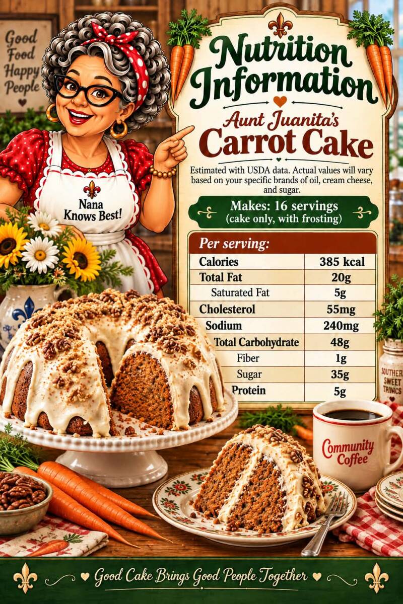 Infographic: nutrition information for Aunt Juanita's carrot bundt cake