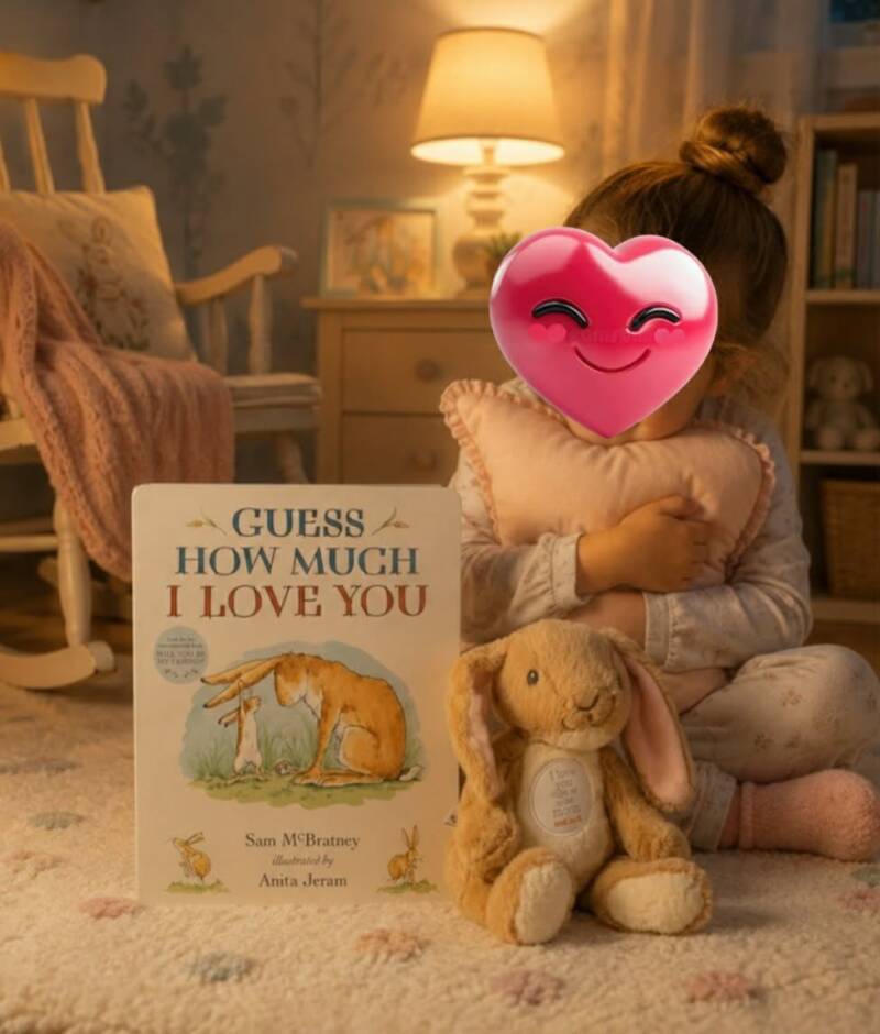 Toddler in pajamas sitting on nursery rug holding pillow next to Guess How Much I Love You book by Sam McBratney and I Love You To The Moon bunny plush toy, cozy bedtime scene with rocking chair and warm lamp
