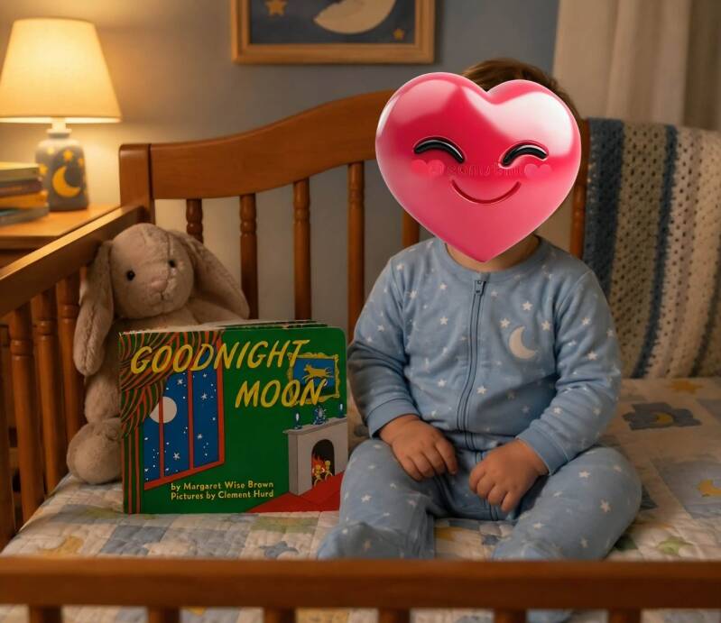 Toddler wearing blue star and moon pajamas sitting in wooden crib with Goodnight Moon board book by Margaret Wise Brown, gray bunny stuffed animal, and warm nursery lamp with moon and stars decor