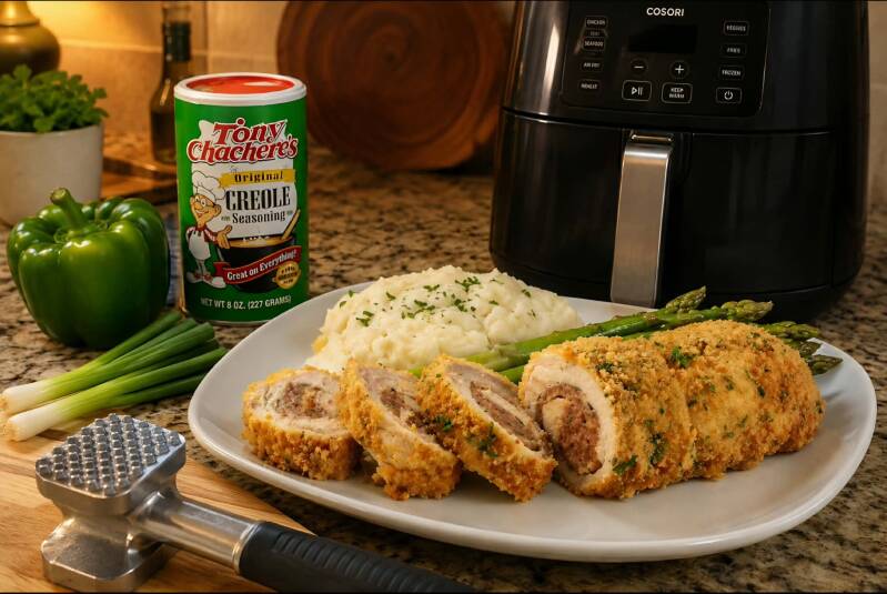 Boudin stuffed chicken breast sliced on plate with mashed potatoes and asparagus, seasoned with Tony Chachere’s Creole seasoning