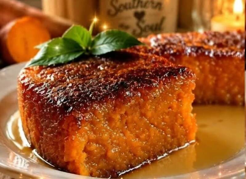 Cajun sweet potato pone with caramelized brown sugar top served on glass plate, holiday dessert recipe