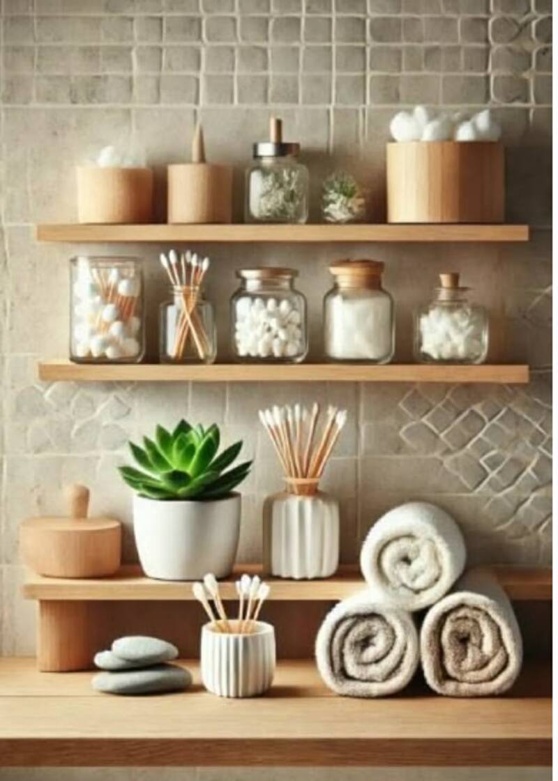 Spa like bathroom organization with wooden shelves, glass jars with cotton balls and q-tips, rolled towels, bamboo containers and succulent plant