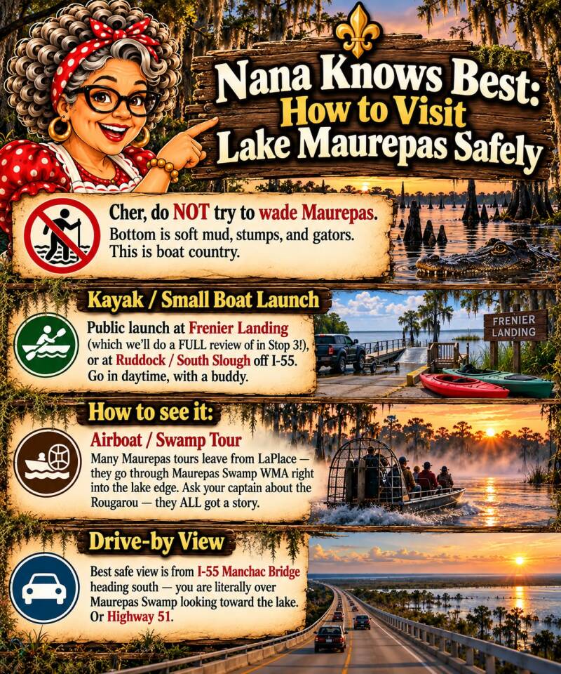 How to visit Lake Maurepas safely covering boat launches, airboat tours, and drive-by viewpoints