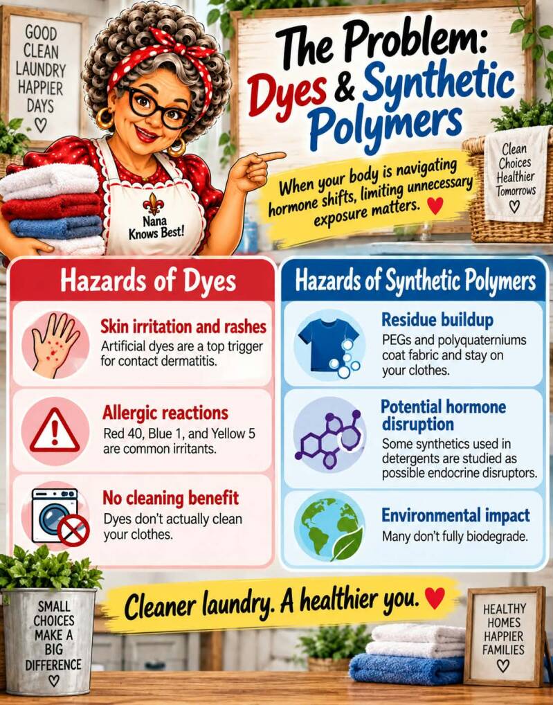 Infographic: hazards of dyes and synthetic polymers in laundry detergent