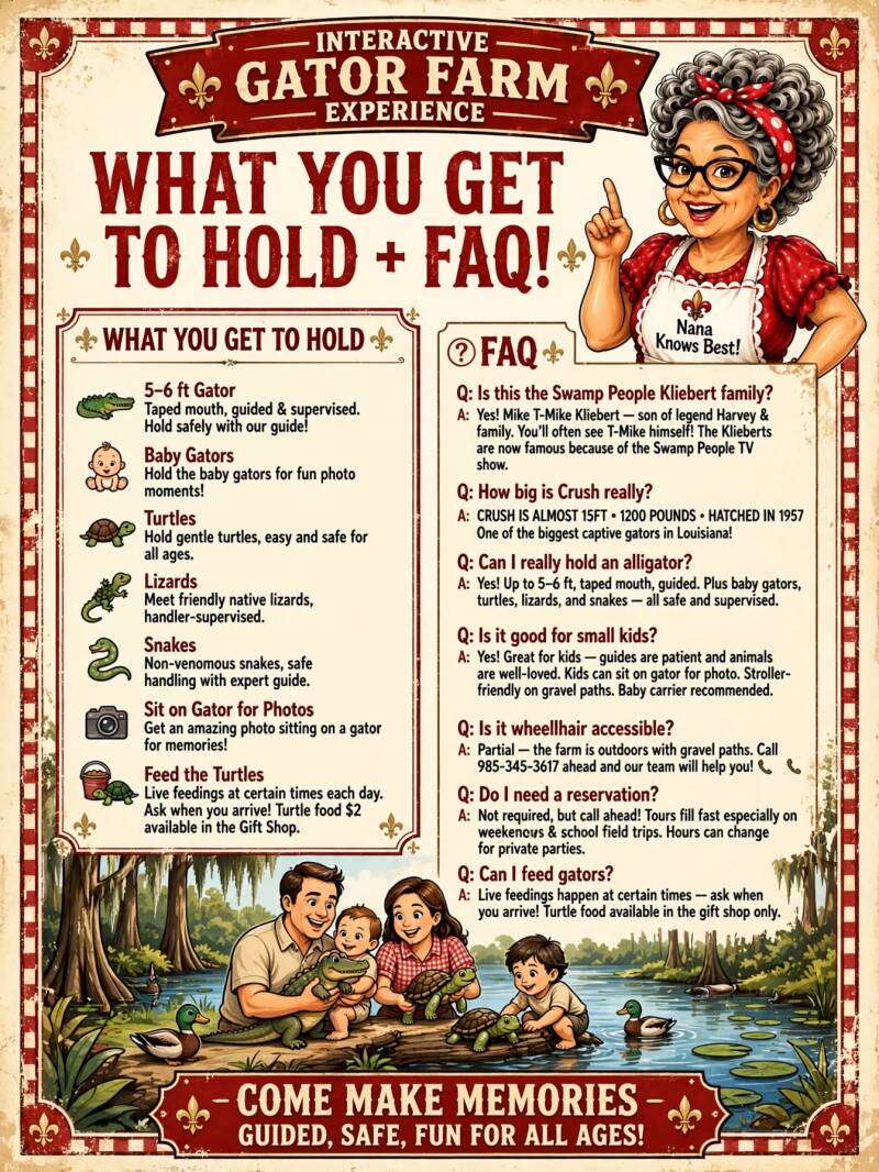 Infographic: what you get to hold and FAQ at Kliebert's Gator Farm