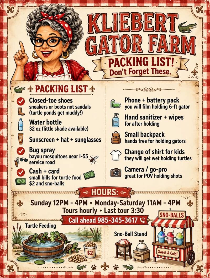 Infographic: packing list and hours for Kliebert's Gator Farm