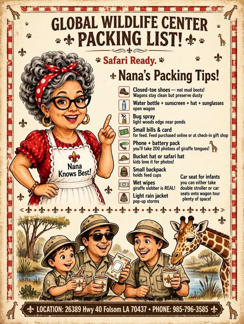 Infographic: packing list for Global Wildlife Center in Folsom, Louisiana