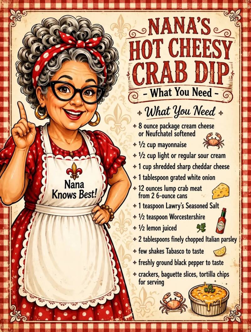 Nana's hot cheesy crab dip ingredient list including cream cheese, lump crab meat, cheddar, and Lawry's seasoning
