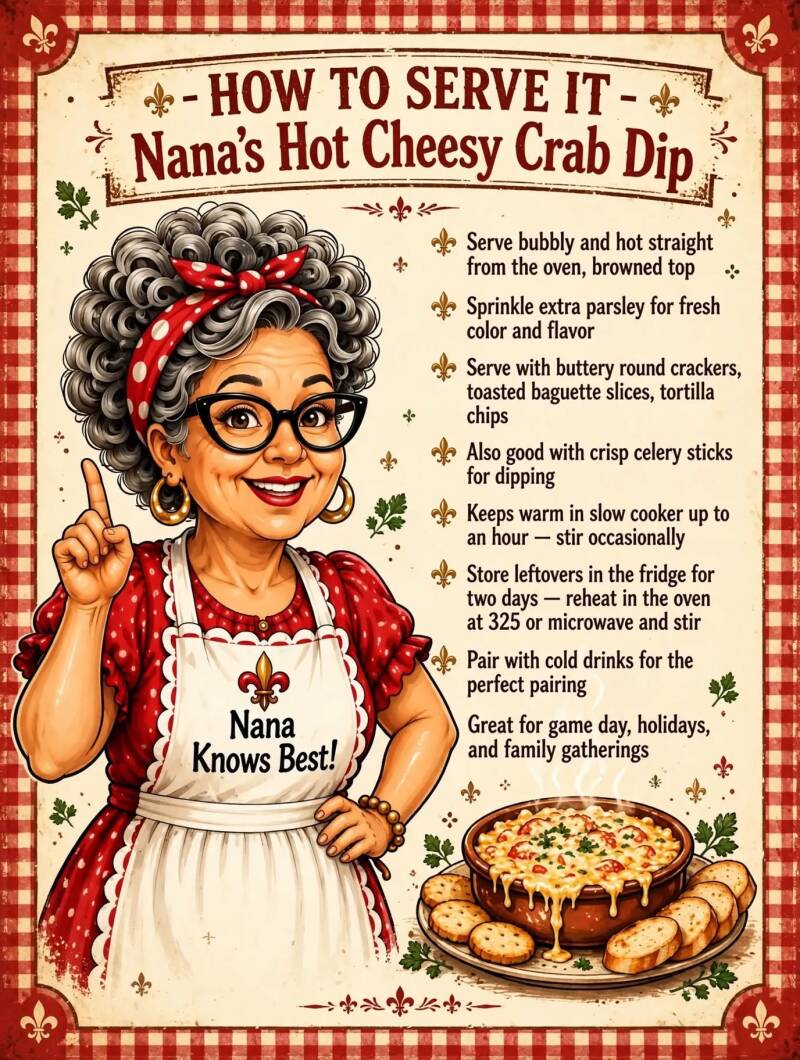How to serve Nana's hot cheesy crab dip with storage, reheating, and pairing tips