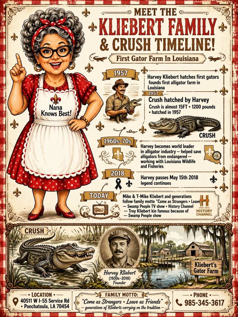 Infographic: the Kliebert family history and Crush the alligator's timeline