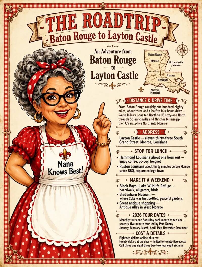 Road trip map and driving directions from Baton Rouge to Layton Castle in Monroe, Louisiana