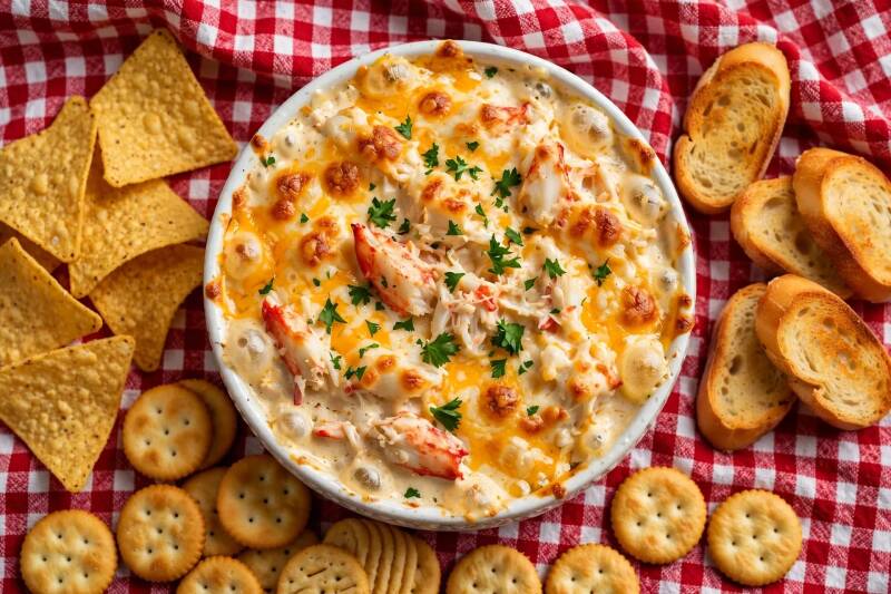 Close-up of hot cheesy crab dip with lump crab meat, melted cheddar, and parsley served with crackers and toasted bread