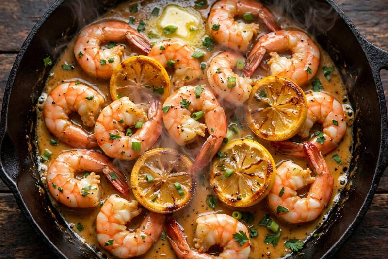 Cajun BBQ shrimp in a skillet with charred lemon slices and butter sauce