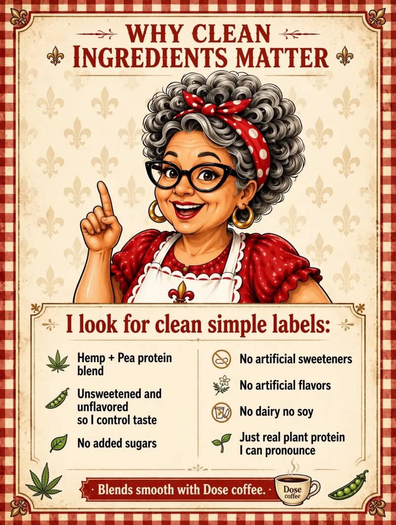 Why clean ingredients matter infographic listing hemp and pea protein with no added sugars or artificial sweeteners