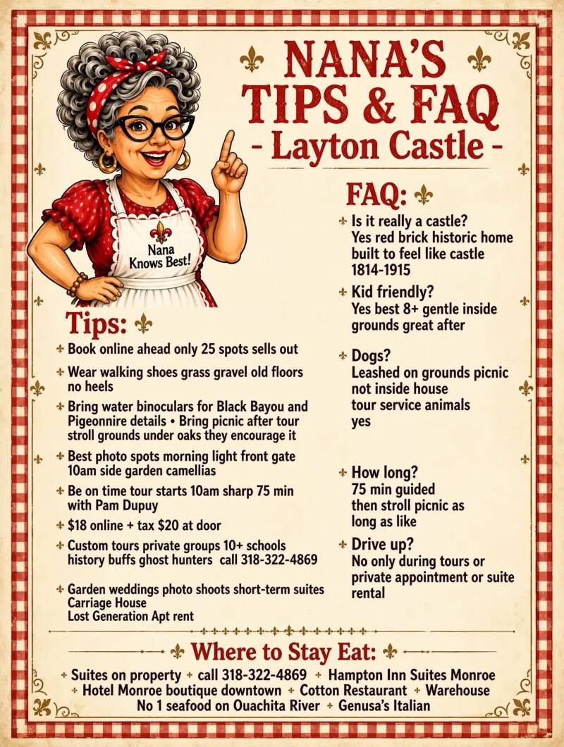 Layton Castle visitor tips and frequently asked questions infographic