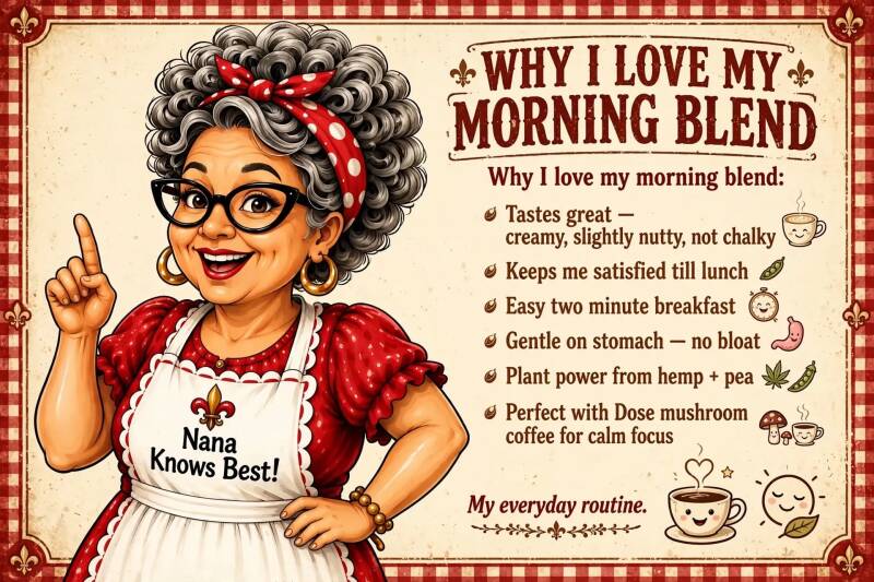 Nana's morning coffee blend benefits including taste, satiety, and gut-friendly ingredients