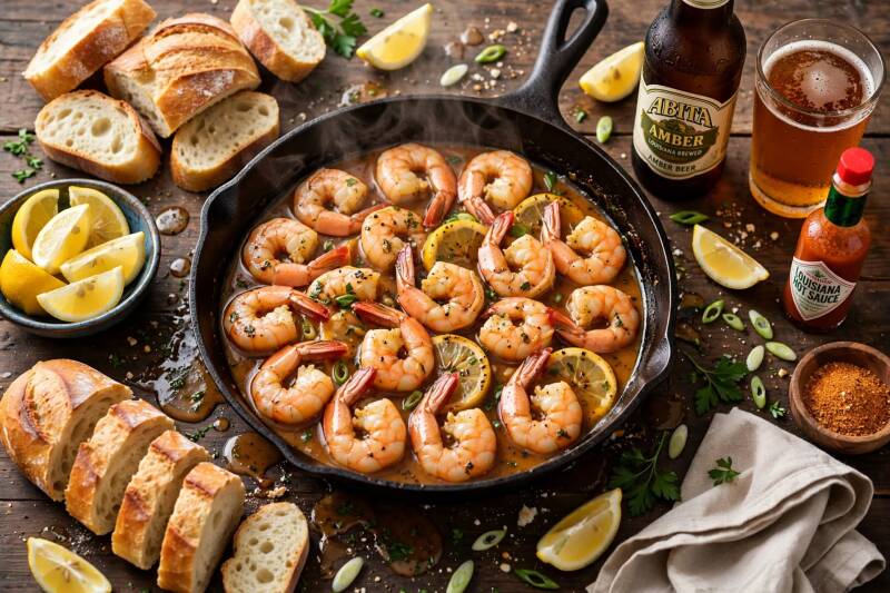 Cajun BBQ shrimp with French bread, Abita Amber, and hot sauce