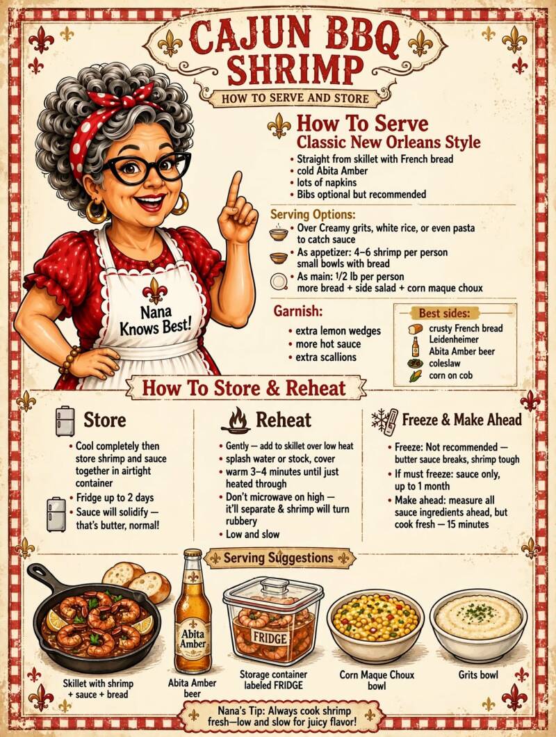 Infographic: how to serve, store, and reheat Cajun BBQ shrimp