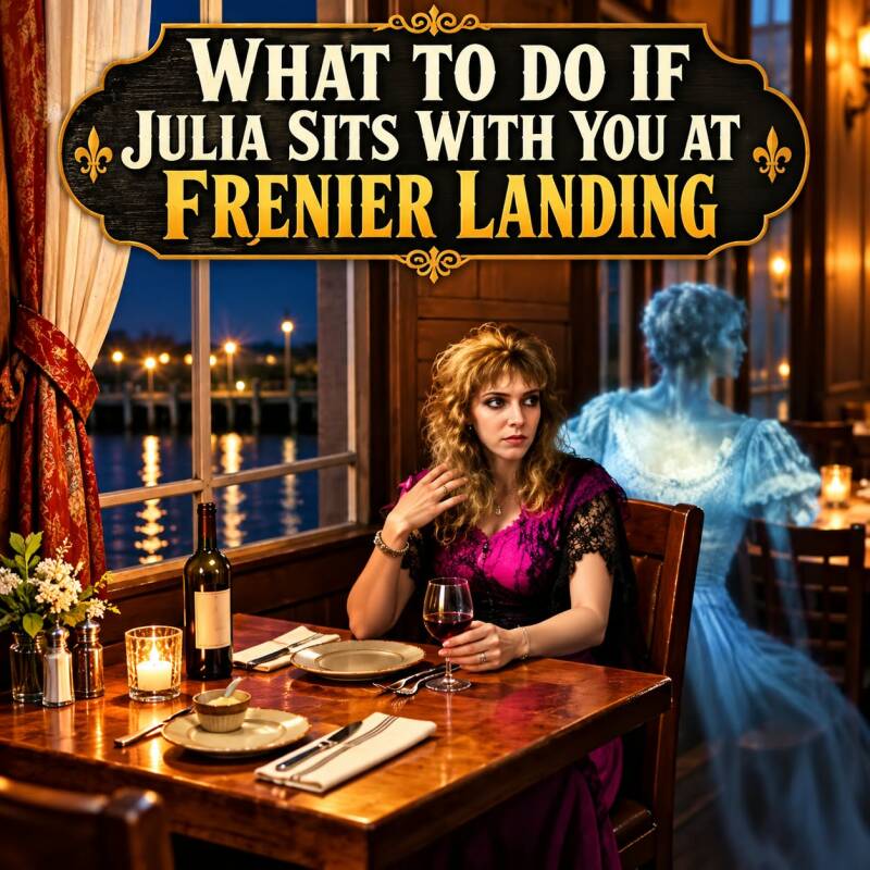 What to do if Julia Brown's ghost sits with you at Frenier Landing graphic showing a woman at a dinner table with a ghostly figure