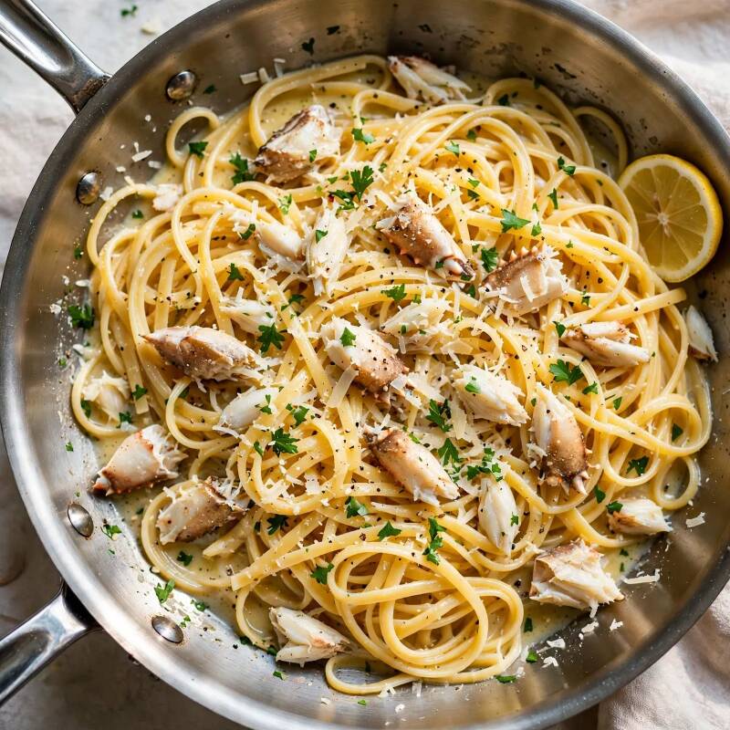 Close-up of crab linguine pasta with jumbo lump crab, garlic butter sauce, and fresh lemon