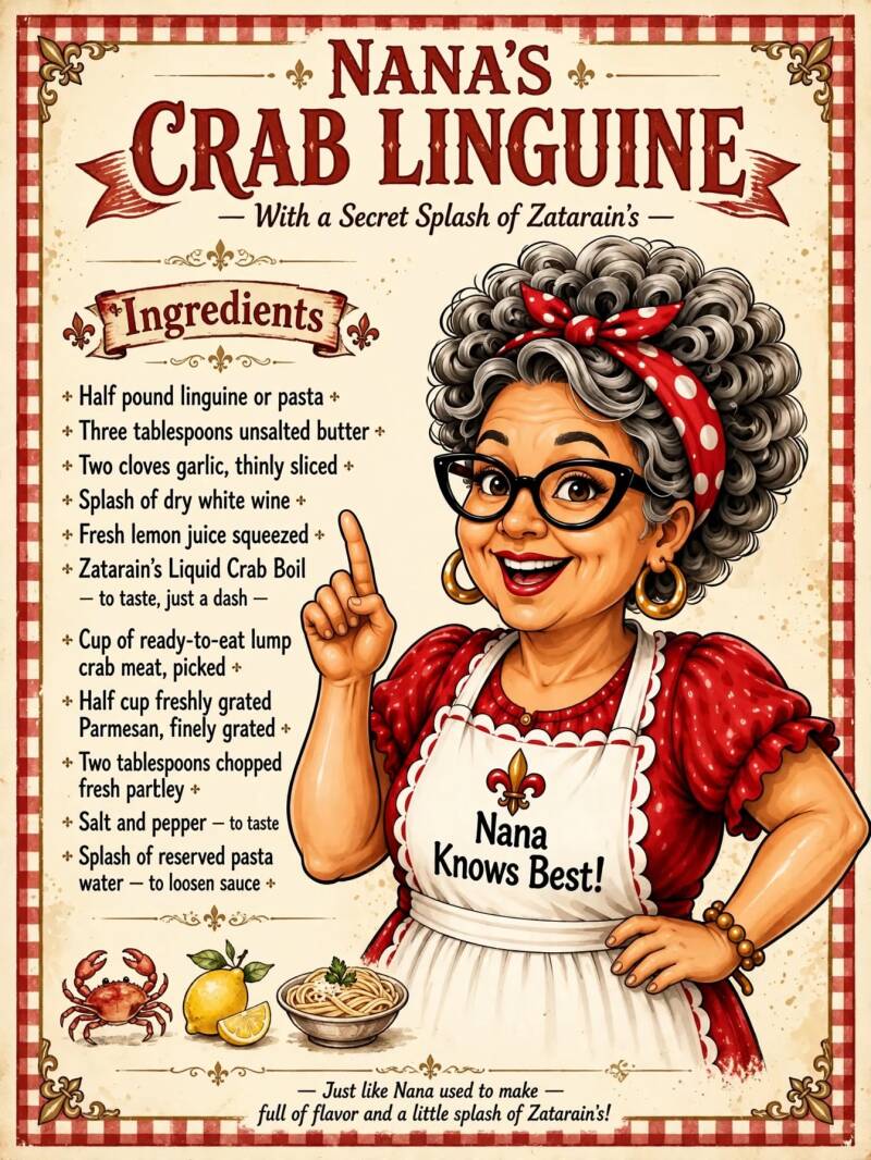 Nana's crab linguine ingredient list including lump crab meat, linguine, garlic, butter, and Zatarain's crab boil