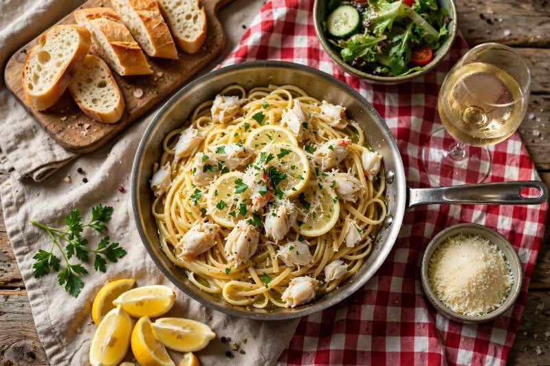 Crab linguine pasta with lemon and parsley served with crusty bread, green salad, and white wine