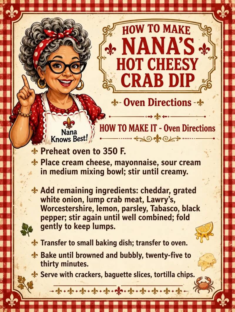Nana's hot cheesy crab dip oven baking instructions with preheat temp and mixing steps