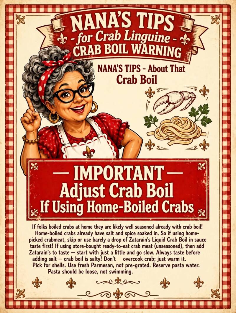 Nana's tips for adjusting Zatarain's crab boil seasoning when using home-boiled versus store-bought crab meat