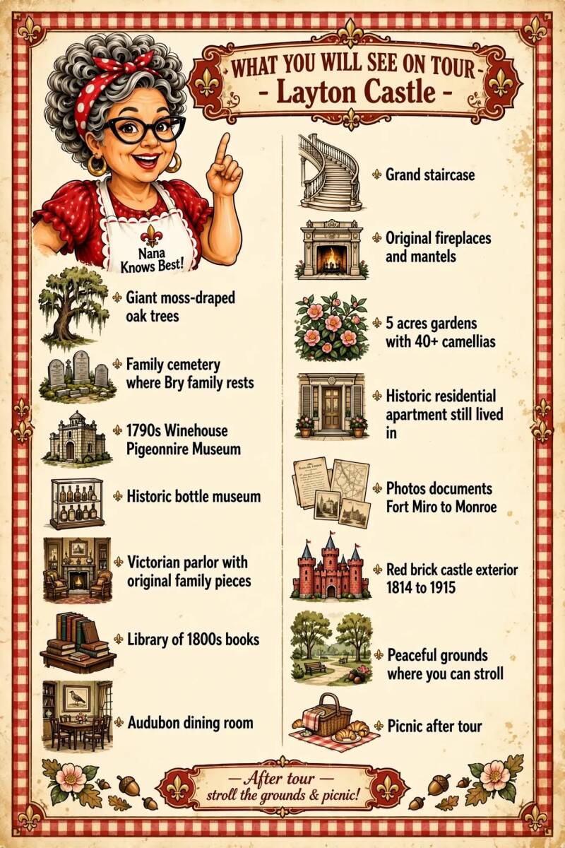 Layton Castle tour highlights infographic showing grand staircase, gardens, and historic rooms