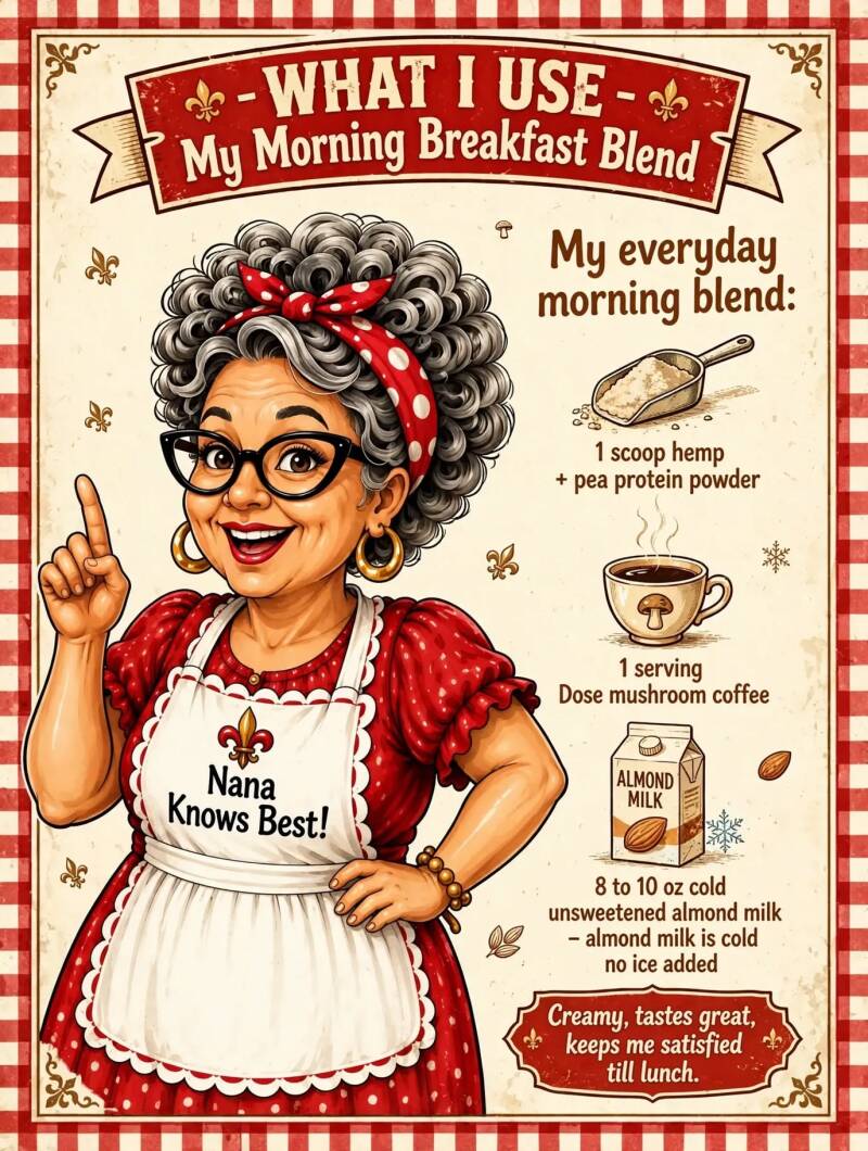 Nana's morning breakfast blend ingredients including hemp pea protein powder, mushroom coffee, and almond milk