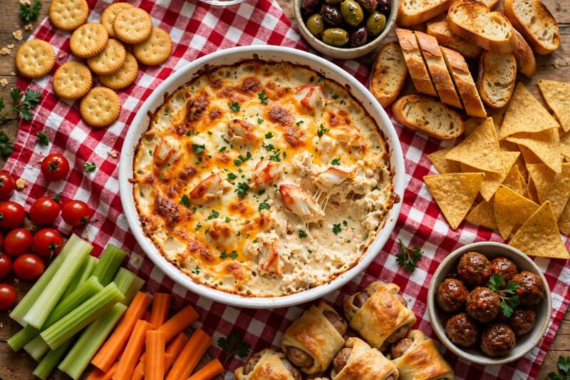 Baked crab dip in a white dish surrounded by crackers, olives, baguette slices, tortilla chips, celery, carrots, and sausage bites