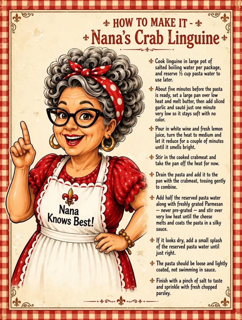 Step-by-step instructions for making Nana's crab linguine with garlic butter white wine sauce