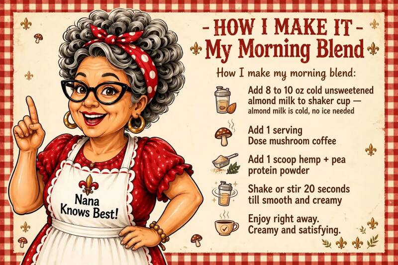 Step-by-step instructions for making a mushroom coffee protein morning blend with almond milk