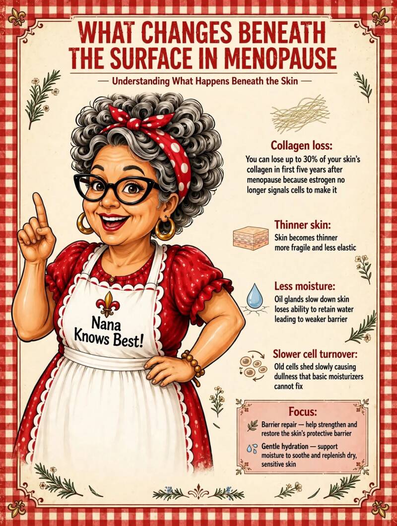Infographic explaining collagen loss, thinner skin, and reduced moisture in menopause skin