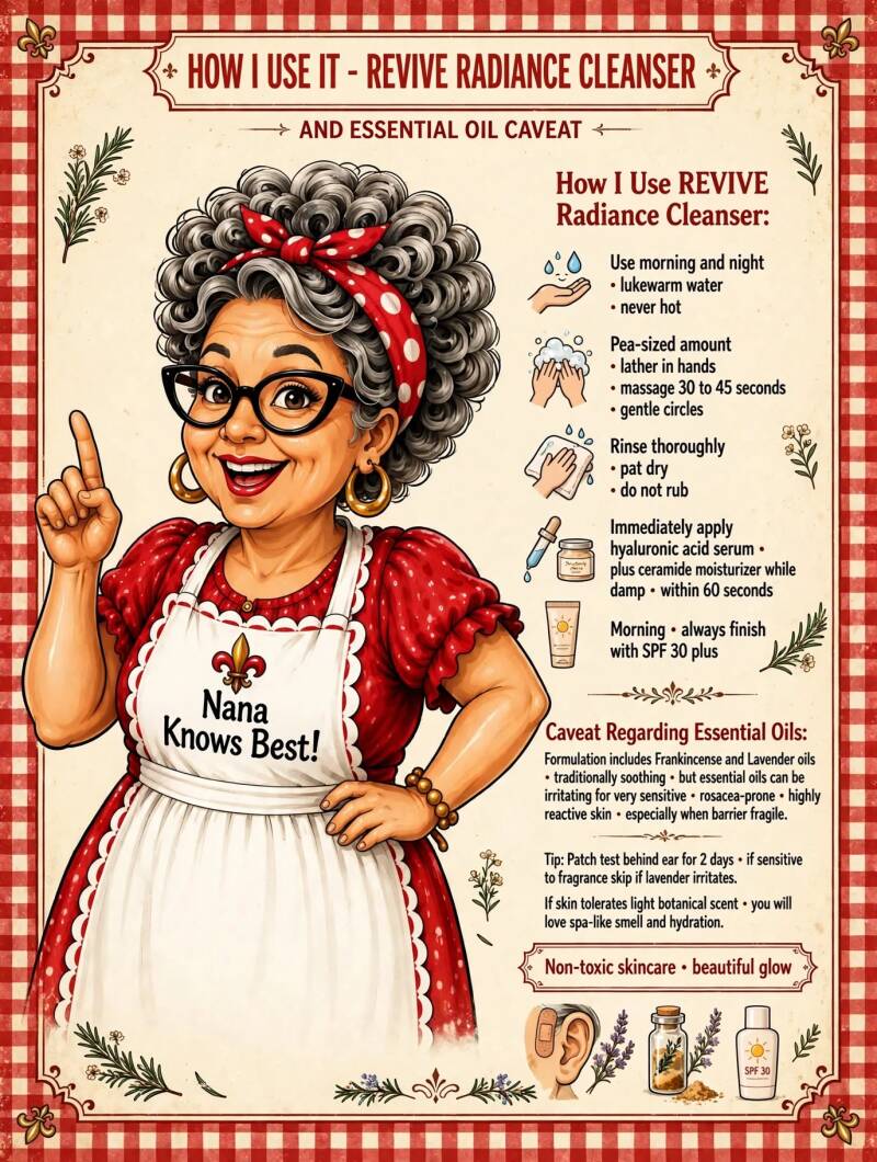 Step-by-step instructions for using Revive Radiance Cleanser with essential oil sensitivity caveat