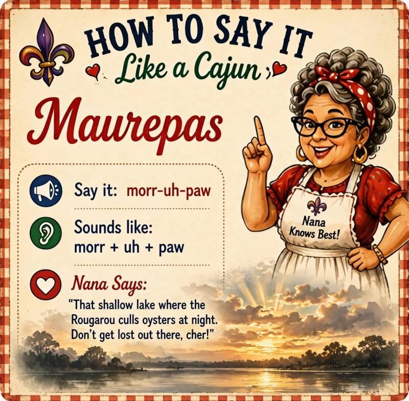 How to pronounce Maurepas like a Cajun infographic with phonetic spelling and Nana's tip about the Rougarou
