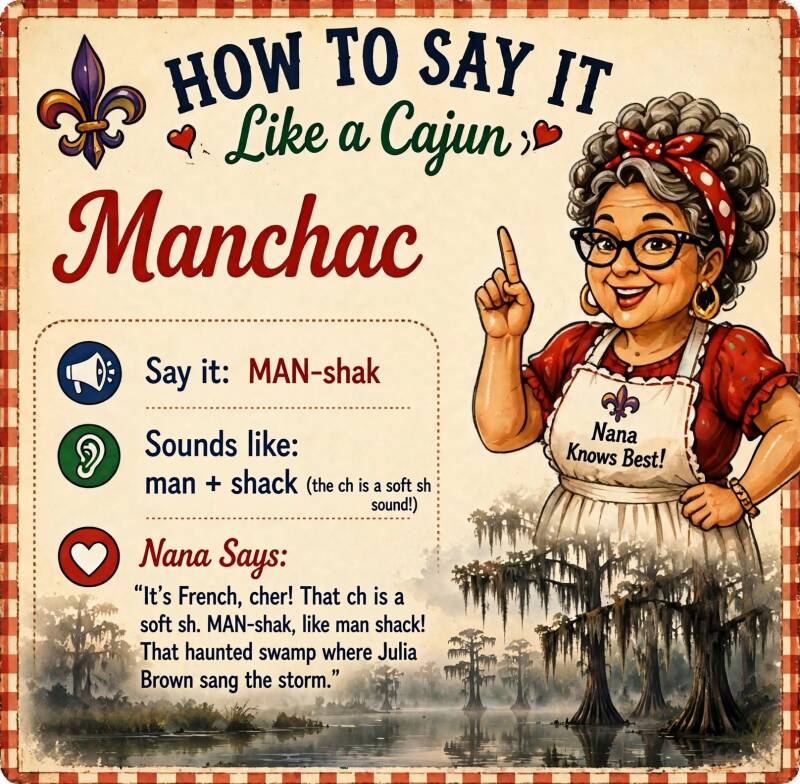 How to pronounce Manchac Louisiana correctly — MAN-shak with soft sh sound like man shack — Cajun pronunciation guide by Nana Tee