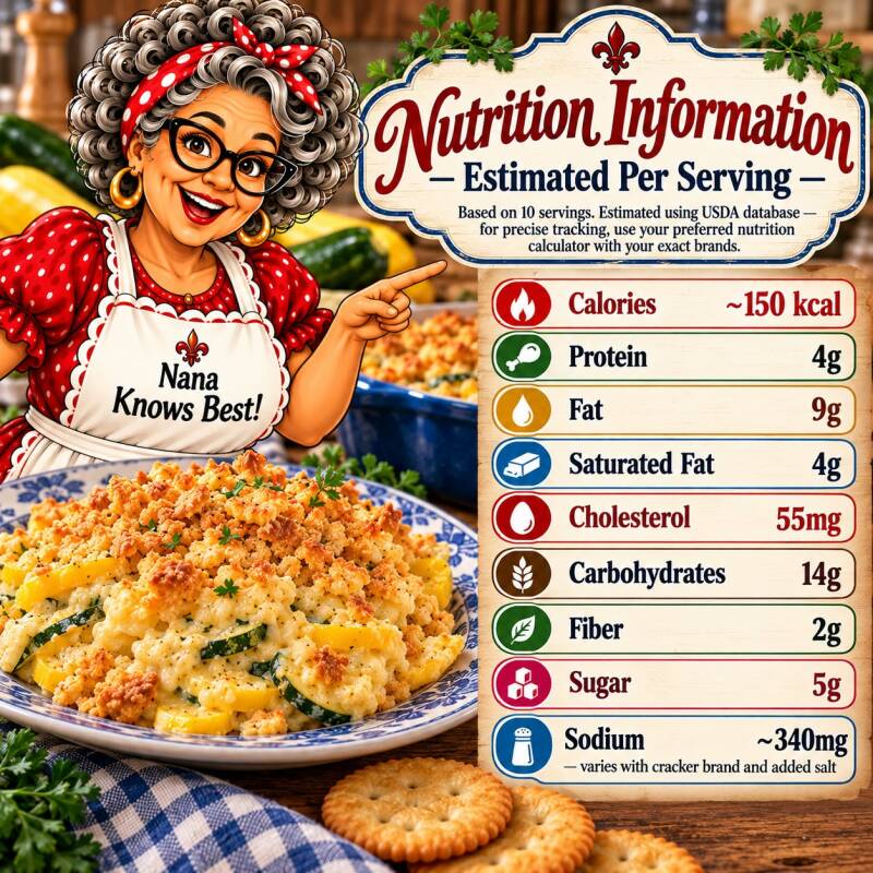 Nana's squash casserole nutrition information per serving including calories, fat, and sodium