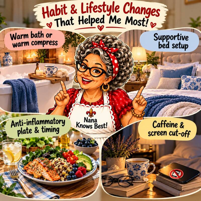 Habit and lifestyle changes for joint pain relief including warm baths, supportive bed setup, anti-inflammatory diet, and caffeine cut-off