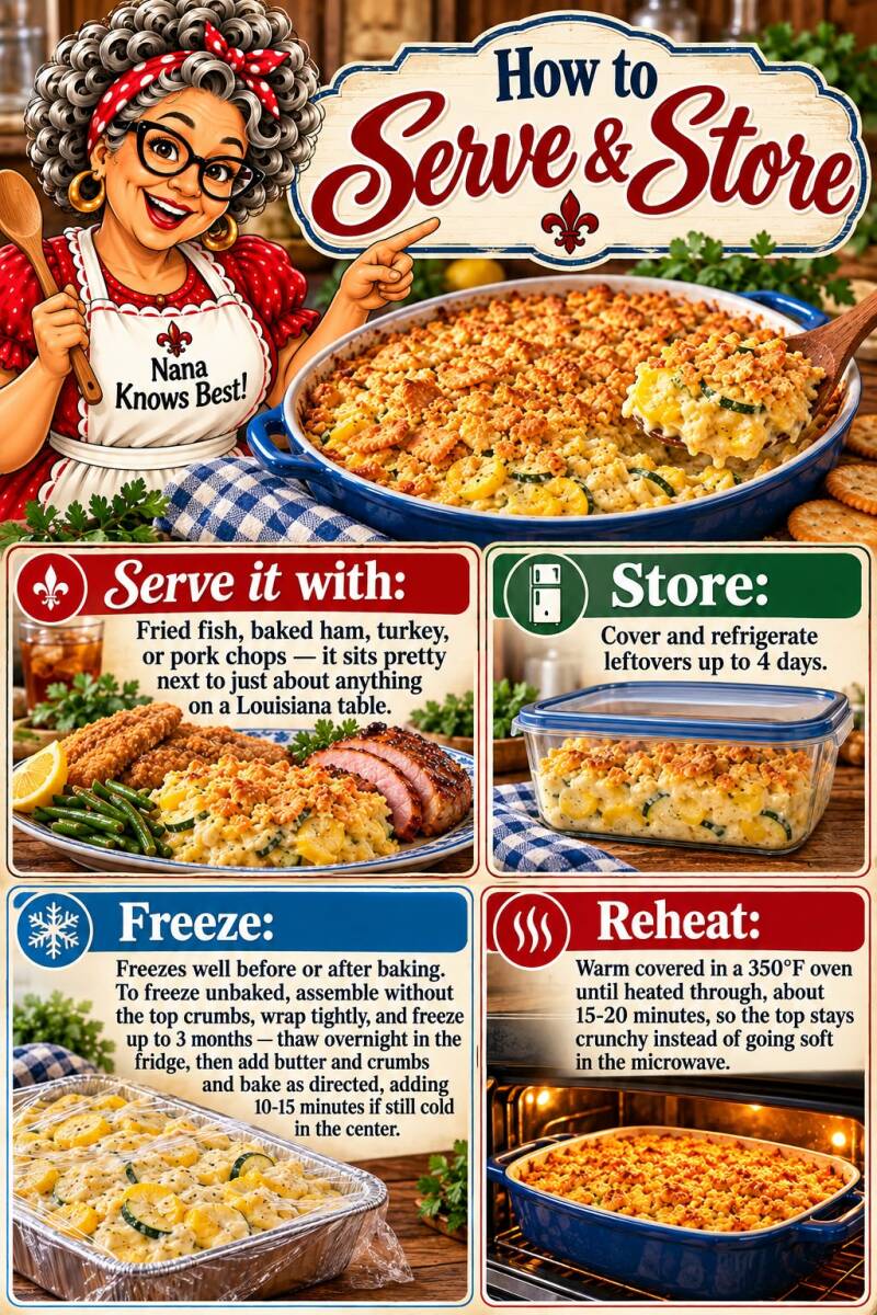 How to serve, store, freeze, and reheat Nana's squash casserole with fried fish, ham, or pork chops
